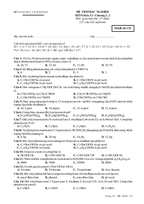 Đề thi trắc nghiệm môn Hóa 12 - Chương 1, 2 thời gian làm bài 45 phút